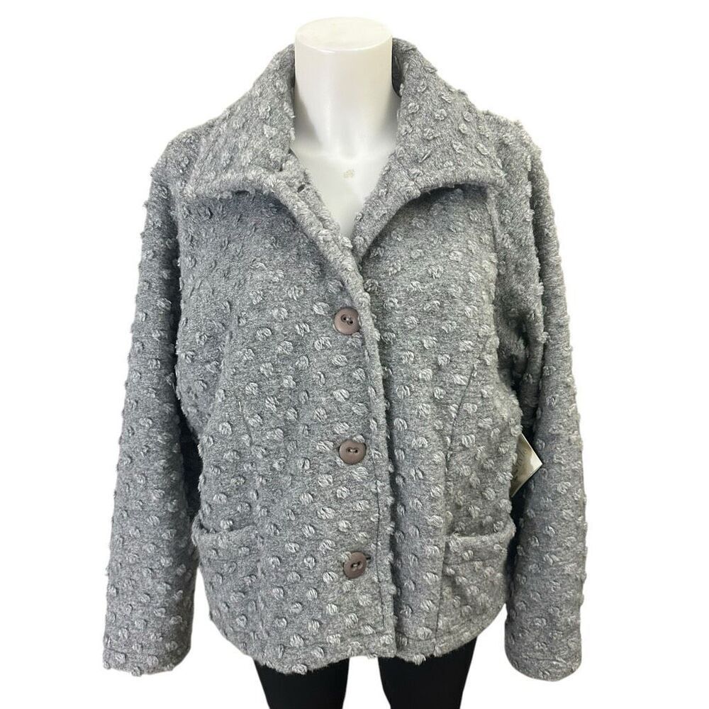 Maralyce Ferree Gray Wool Blend Popcorn Knit‎ Buttoned Jacket size Large NEW